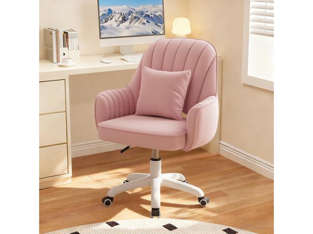 Mid-Back Velvet Desk Chair, Height Adjustable Swivel Vanity Chair with Wheels, Rolling Accent Chair for Home Office, Bedroom, Living Room, Pink