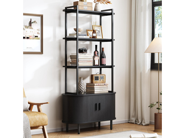 71' Tall Bookshelf, 4-Tier Book Shelf with Storage Cabinet, Modern Bookcase with Sliding Door and Adjustable Footpad, Freestanding Storage...