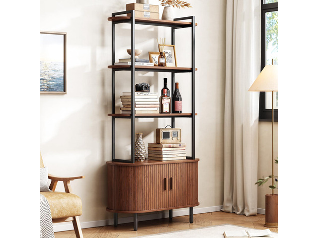 71' Tall Bookshelf, 4-Tier Book Shelf with Storage Cabinet, Modern Bookcase with Sliding Door and Adjustable Footpad, Freestanding Storage...