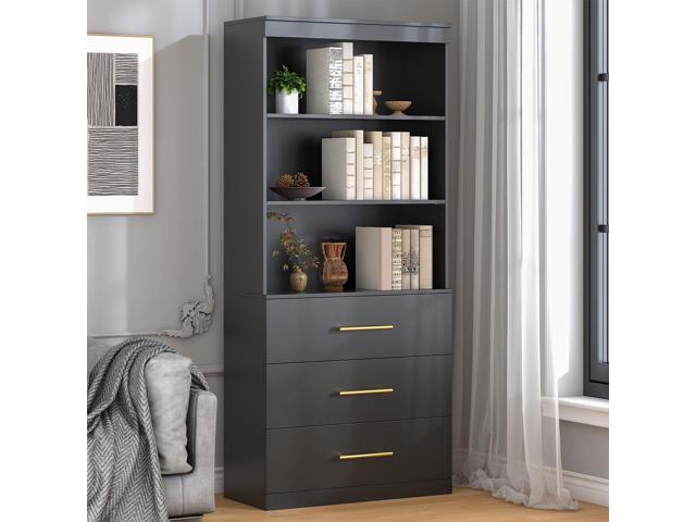 71' Tall Black Bookshelf with Drawers, Bookcase and Bookshelf with 3-Tier Open Shelves, Tall Bookcase Tall Storage Cabinet for Home Office Living.