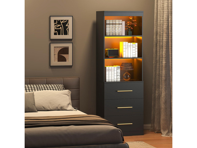 71H Black Bookshelf with LED Light, Bookcase and Bookshelf with Drawers, Tall Bookcase Tall Storage Cabinet 3-Tier Open Shelves for Home Office...