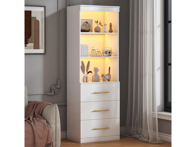 71H White Bookshelf with LED Light, Bookcase and Bookshelf with Drawers, Tall Bookcase Tall Storage Cabinet 3-Tier Open Shelves for Home Office...