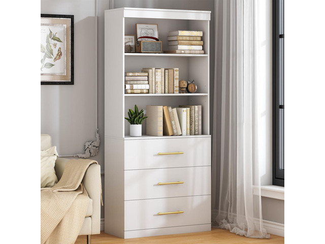 71' Tall White Bookshelf with Drawers, Bookcase and Bookshelf with 3-Tier Open Shelves, Tall Bookcase Tall Storage Cabinet for Home Office Living...