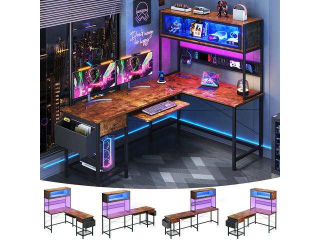 L Shaped Gaming Desk with Power Outlets & LED Lights, 49'' Reversible Computer Desk with Hutch & Pegboard & Display Cabinet, Corner Home Office...
