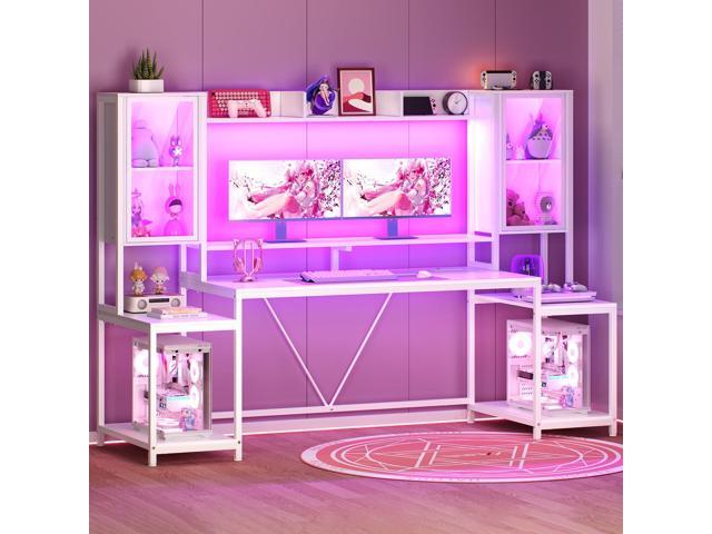Gaming Desk 74.8'' with LED Lights, Hutch and Storage Shelves, Computer Desk with Monitor Stand, Large PC Gamer Desk Workstation, Ergonomic Gaming...