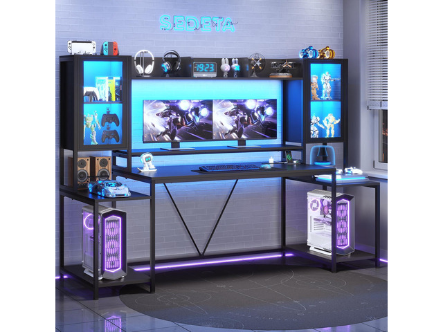 Gaming Desk 74.8'' with LED Lights, Hutch and Storage Shelves, Computer Desk with Monitor Stand, Large PC Gamer Desk Workstation, Ergonomic Gaming...
