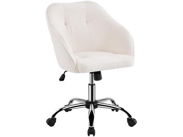 Boucle Desk Vanity Chair with Back Comfy Fluffy Swivel Office Chair with Wheels Adjustable Height Tilt Angle for Bedroom Ivory