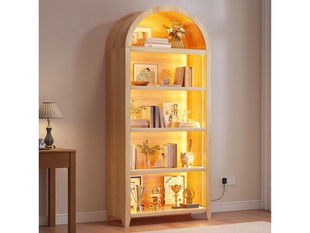 Arch Bookcase - 5 Tiers Bookshelf with 3 Colors LED Sensor Lights and Thickened Wooden Design Display Shelf for Lego Books Bathroom Living Room -...