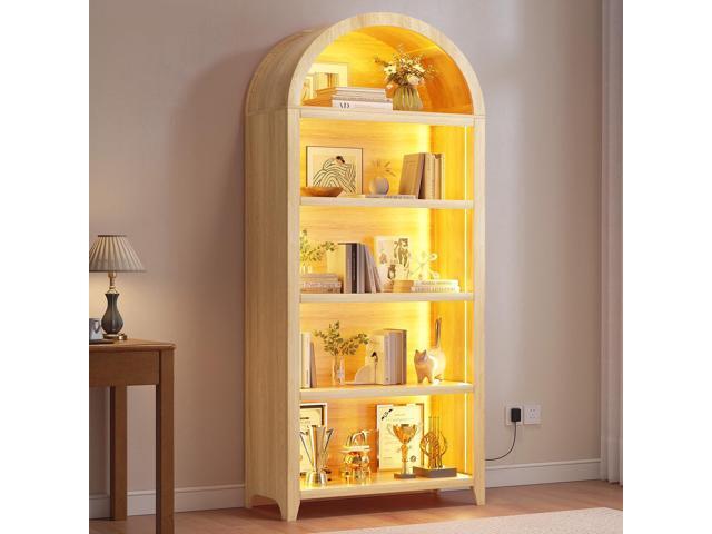 Arched Bookcase 5 Tier - Bookshelf with LED Sensor Lights Light Wood 3 Color LED Sensor Lights, Thickened Wooden Design, Display Shelf, For.
