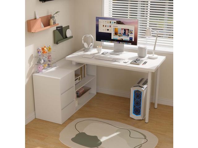 L Shaped Computer Desk, 47 Inch Home Office Desk with File Drawers & Storage Shelves, Small Corner Computer Desk for Small Space (White)