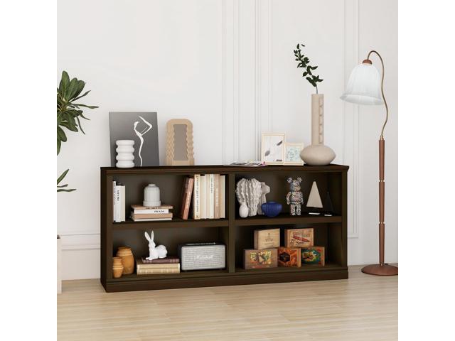 Low Horizontal Bookshelf Double Wide 64' 2-Tier Bookcase 4 Cube Storage Organizer Cherry Wood Bookcases for Bedroom and Home Office Decor Display