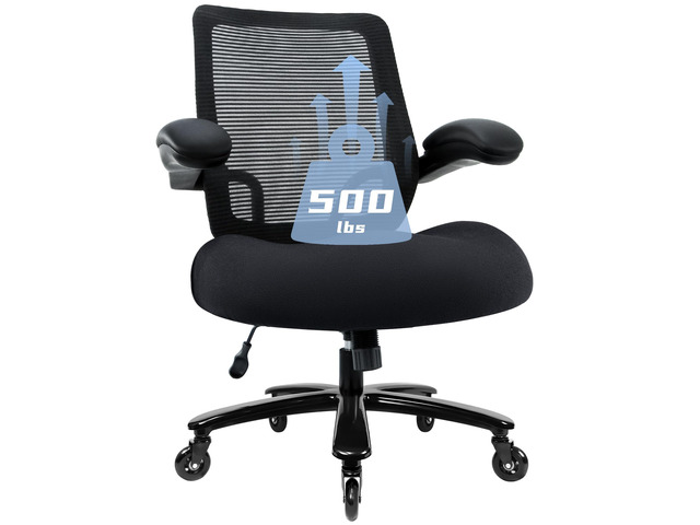 500LBS Big and Tall Office Chair with Flip-Up Armrests, Heavy Duty Office Chair for Heavy People, Memory Foam Seat Filling Springs, Black