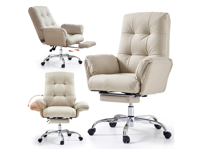 Criss Cross Chair with Wheels and Flip-up Arms, PU Leather, Beige Office Chair with Foot Rest Reclining Desk Chair Comfy Wide Seat Rolling...
