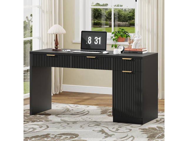 60' Executive Desk with Fluted Drawers, Wood Home Office Desk with Storage Cabinet, Fluted Reversible Computer Writing Desk for Study, Living...