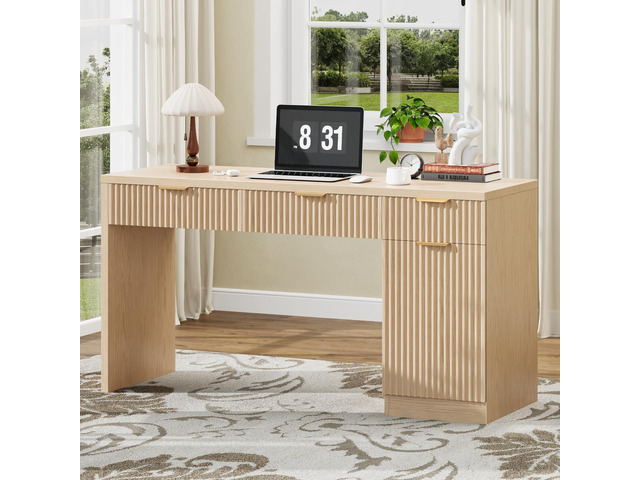 60' Executive Desk with Fluted Drawers, Wood Home Office Desk with Storage Cabinet, Fluted Computer Writing Desk for Study, Living Room, Natural Oak
