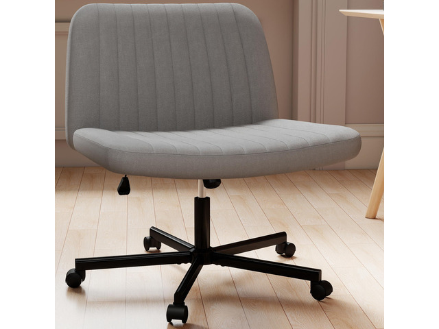 Criss Cross Chair, Extra Wide Armless Rolling Office Desk Chair with Wheels, Plus Size Viral Vanity Legged Chair, Bedroom, Grey