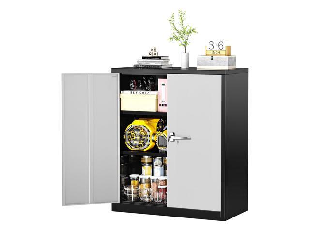 Metal Cabinet, 36' Locking Storage File Cabinet with Doors and Shelves for Office,Home,Gym,School,Kitchen(Black Grey)