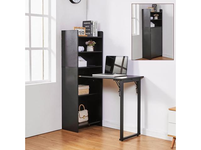 Foldable Desk with Storage,Hidden Desk with Built-in Socket,Fold Out Writing Table for Small Spaces,Home Office and Bedroom (Black)