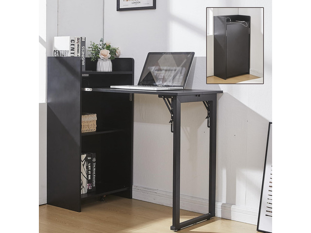 Foldable Desk,Hidden Desk with Storage and Built-in Socket,Mid Century Fold Out Table for Small Spaces,Home Office and Bedroom (Black)