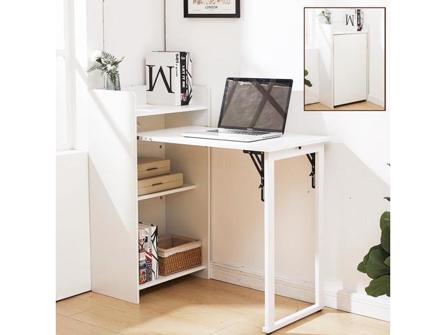 Fold Out Desk,Hidden Desk with Built-in Outlet, Foldable Desk with Storage for Small Spaces,Home Office and Bedroom (White)