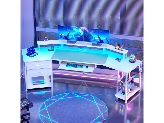 79' Gaming Desk with 2 Fabric Drawers, Long Computer Desk with Power Strip & LED Lights, U Shaped Desk with Storage and Cup Holder, Large Gaming...