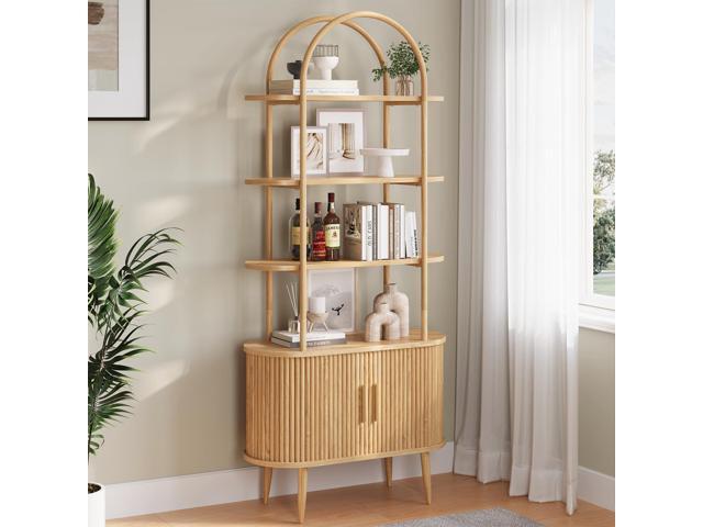 71' Tall Arched Bookshelf with Sliding Doors, Mid Century Modern Metal Curved Bookcase Cabinet with Storage, 4-Tier Storage Shelf for Living Room,.