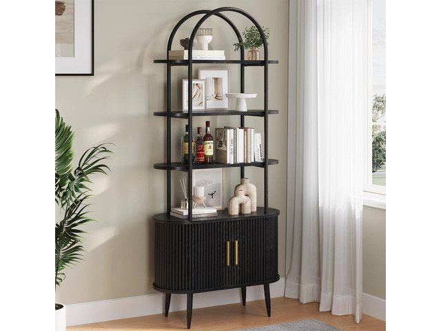 71' Tall Arched Bookshelf with Sliding Doors, Mid Century Modern Metal Curved Bookcase Cabinet with Storage, 4-Tier Storage Shelf for Living Room,...