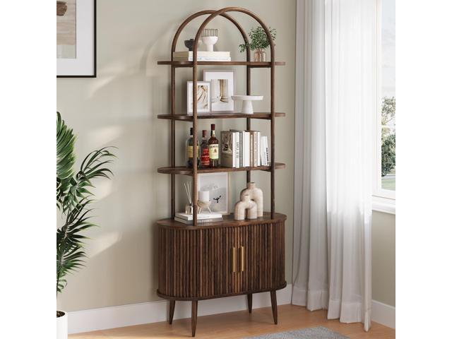 71' Tall Arched Bookshelf with Sliding Doors, Mid Century Modern Metal Curved Bookcase Cabinet with Storage, 4-Tier Storage Shelf for Living Room,.