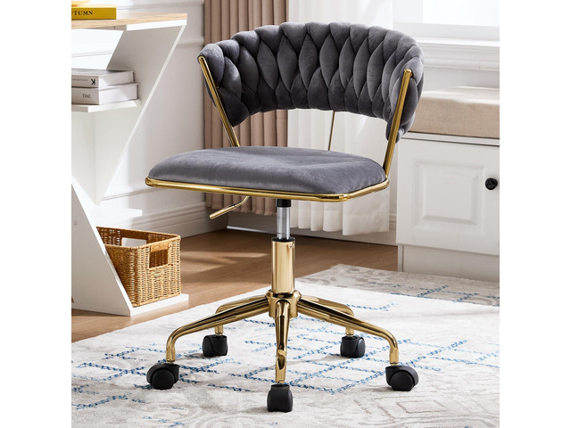 Home Office Chair, Velvet Upholstered Task Chair with Woven Open Back, 360° Swivel Desk Chair with Wheels, Adjustable Vanity Chair, Computer Chair...