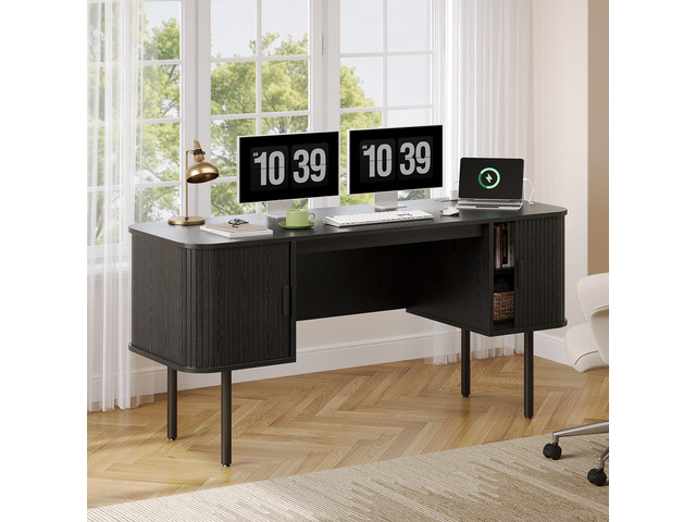 63 Inch Fluted Computer Desk with Charging Station, Mid Century Executive Desk with 2 Storage Cabinets, Modern Home Office Large Desk with Metal...