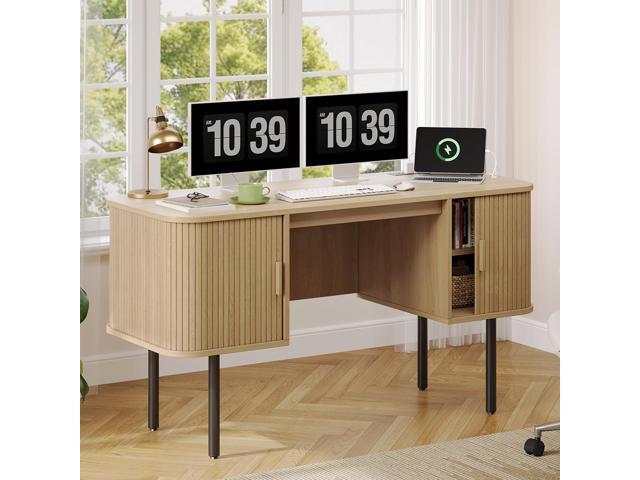 55 Inch Fluted Computer Desk with Charging Station, Mid Century Executive Desk with 2 Storage Cabinets, Modern Home Office Large Desk with Metal...