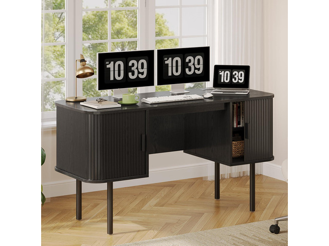 55 Inch Fluted Computer Desk with Charging Station, Mid Century Executive Desk with 2 Storage Cabinets, Modern Home Office Large Desk with Metal...