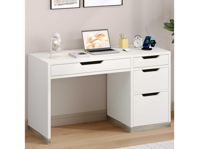 White Desk with 4 Drawers, 52 Inch Modern Computer Desk with Storage for Bedroom, Home Office Writing Desk for Small Spaces, Minimalist White...