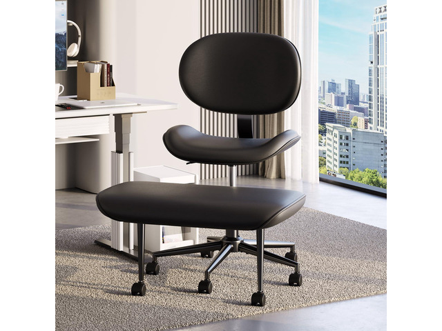 Cross-Legged Office Chair with Footrest, PU Leather Armless Desk Chair, Wide Padded Seat for Cross Leg Sitting, Adjustable Height & Swivel, Modern...