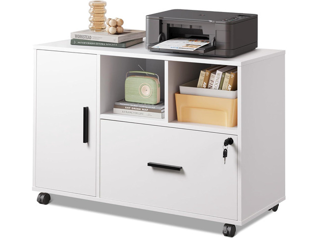 Office File Cabinet with Lock, 1-Drawer Wood Lateral Filing Cabinet on Wheels, Printer Stand with Open Storage Shelves for Home Office, White
