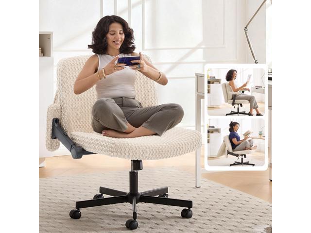 Criss Cross Chair,Cross Legged Chair with Wheels and Arms,27' Extra Wide Seat Office Desk Chair with Flipable Back Cushion,Mid Back Beige Swivel...