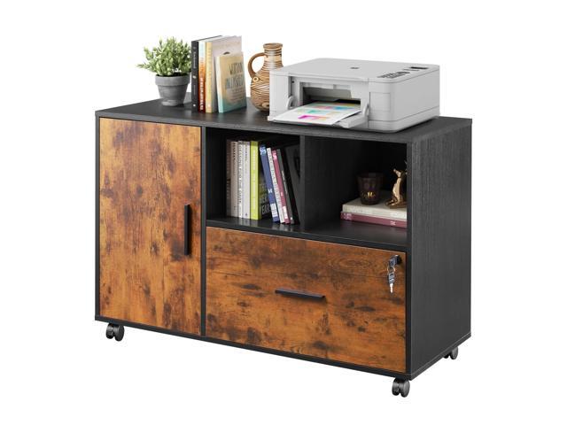 Lateral File Cabinet with Lock, 1-Drawer Rolling File Cabinets on Wheels for Home Office, Wood Printer Stand with Open Storage Shelf, Rustic Brown