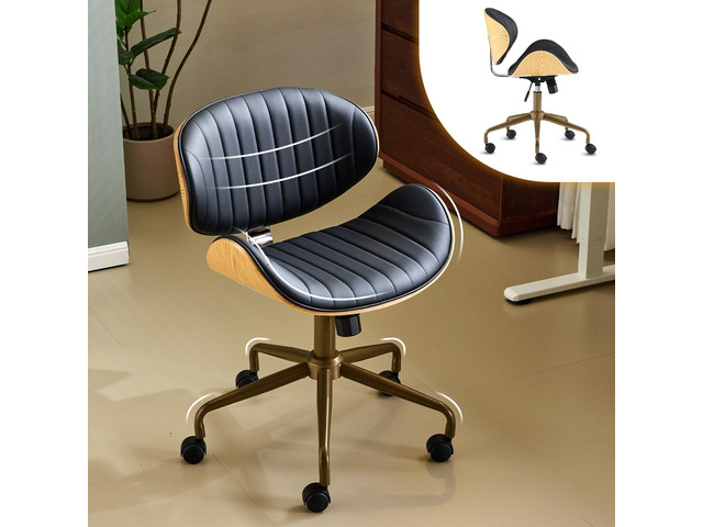 Wide Comfotable Swivel Home Office Chair with Wood-Grain Curved Shell,Ergomomic Mid-Back Padded Armless Rolling Desk Chair with Wheels,Height...