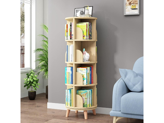 4 Tier Rotating Bookshelf with Legs, Floor Standing Bookshelf Stackable Bookshelf Wood Bookcase Round Bookcase 360 Display Book Shelf for Bedroom...