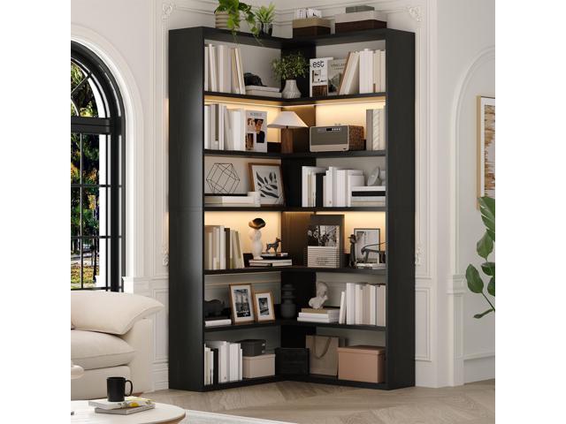 7 Tier Corner Book Shelf with LED Lights, 71 Tall Corner Bookshelf with Storage, Modern Storage Display Industrial L Shaped Bookshelf for Living...