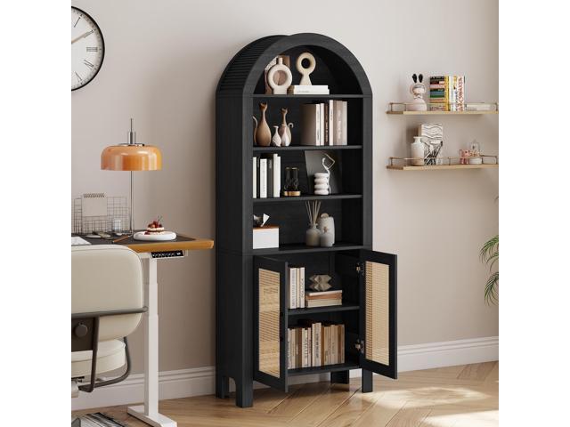 Arched Bookcase with Doors, 71' Tall Arched Bookshelf, Mid-Century Modern Arched Cabinet Bookcase with Storage & Adjustable Shelves, Arch Bookshelf.