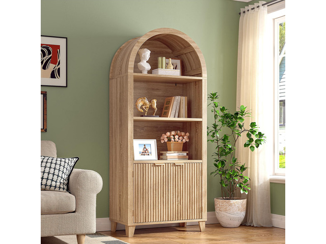 Book Shelf Arched Cabinet, 5-Tier Arch Bookcase with Doors and Adjustable Wood Shelves, Wooden Storage Cabinet with Open Display Shelf for...