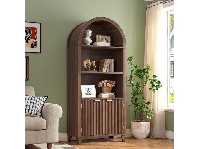 Book Shelf Arched Cabinet, 5-Tier Arch Bookcase with Doors and Adjustable Wood Shelves, Wooden Storage Cabinet with Open Display Shelf for.