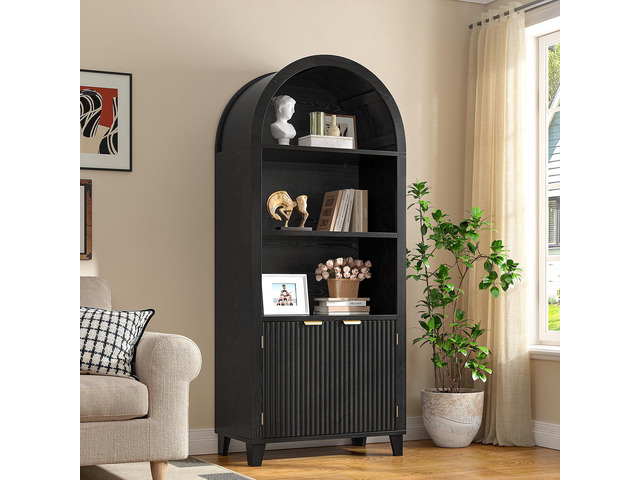 Book Shelf Arched Cabinet, 5-Tier Arch Bookcase with Doors and Adjustable Wood Shelves, Wooden Storage Cabinet with Open Display Shelf for...