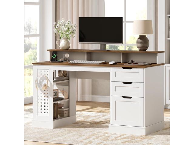 55-inch Farmhouse Executive Desk with 2 Drawers and File Cabinet, Computer Desk with 3-Tier Storage Shelves, Home Office Desk with Charging.