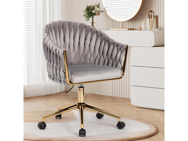 Velvet Office Chair with Hand Woven Back, Vanity Desk Chairs with Golden Wheels, Swivel Home Office Desk Chair, Accent Makeup Desk Chair for...