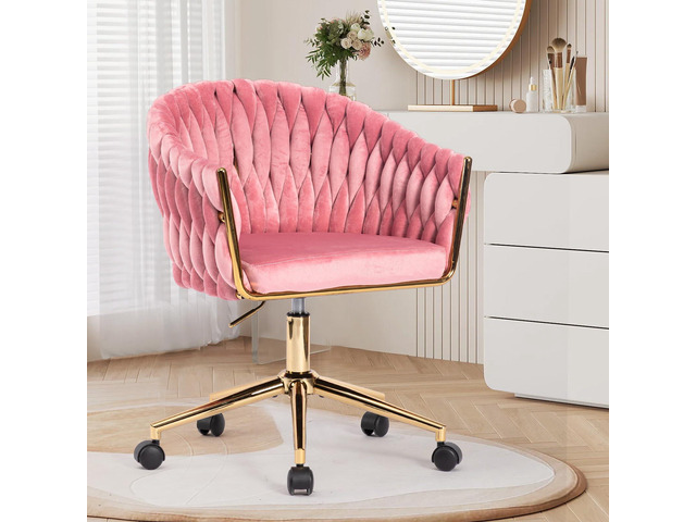 Cute Velvet Office Chair for Women, 360° Swivel Small Office Desk Chair Makeup Vanity Chair with Back and Wheels for Bedroom, Pink Rolling Chair