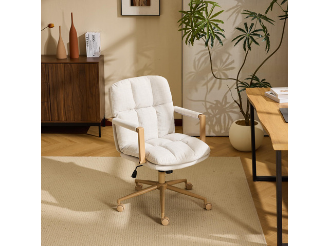 Comfy Linen Office Desk Chair with Wheels & Detachable Cushions & Wood-Like Armrests,Swivel Small Computer Task Chair,Adjustable for Girl Makeup...