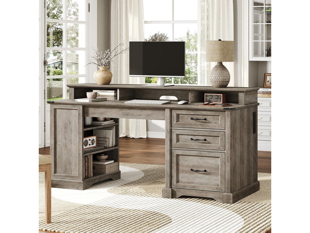 55'' Farmhouse Executive Desk with Drawers, Home Office Desk with File Cabinet and Storage Shelf, Charging Station, Computer Desk with Monitor...