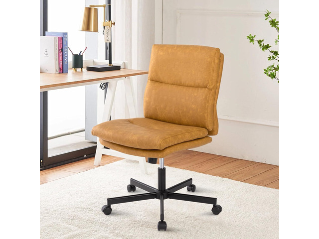 Armless Office Desk Chair with Wheels, Double Padded PU-Leather Chairs, Mid-Back Criss Cross Swivel Task Chair, Height Adjustable Cushioned Vanity...